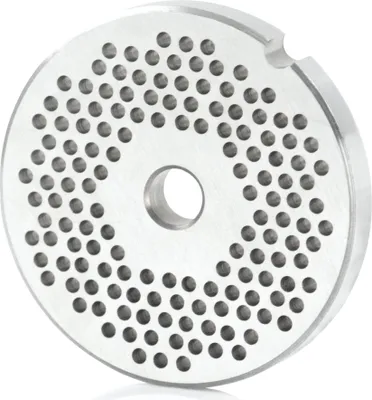 A close-up, isolated shot of a metal grinding plate with many small holes.