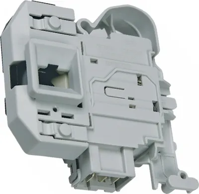 Close-up studio shot of a washing machine door lock mechanism.