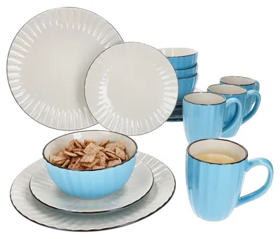 Zdjęcie produktu dla Zestaw obiadowy OSITA Hellblau Weiß, 16 elementów, wykonany z ceramiki, dla 4 osób. Zawiera: filiżanki, miseczki, talerze, zdobione reliefem. Kolor: niebieski i biały