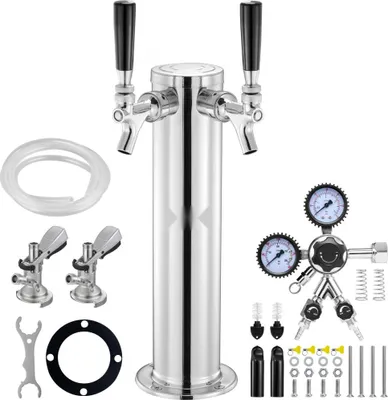 Zdjęcie produktu dla Zestaw wieżowy Kegerator - Zestaw do konwersji piwa z dwoma kranami do piwa - Dozownik wieżowy piwa ze stali nierdzewnej z podwójnym regulatorem W21.8 - Złącze beczki systemu A - Taca ociekowa na piwo na imprezy w domu