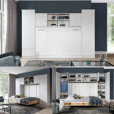 Produktbild von Schrankbett Wandbett horizontal HB 120x200 mit 2 Schränken und Aufsatz weiß hochglanz
