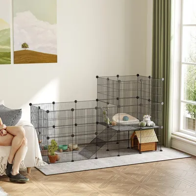 Produktbild von Kleintierkäfig 39 Paneele, Kaninchenstall zweigeschossig, Kleintiergehege Stahl, Schwarz | 140 x 70 x 105 cm | Gitterabstand 1,5 cm | Rampe inklusive