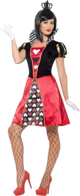 A woman wearing a Queen of Hearts costume.