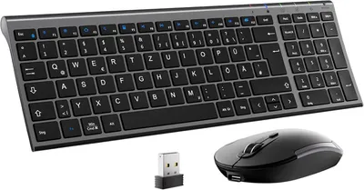 Produktbild von Aluminium Wireless Slim Tastatur QWERTZ Layout (Deutsch) für Computer/Desktop/PC/Laptop/Oberfläsche/Smart TV und Windows 10/8/7/Vista/XP (2.4GHz, USB)