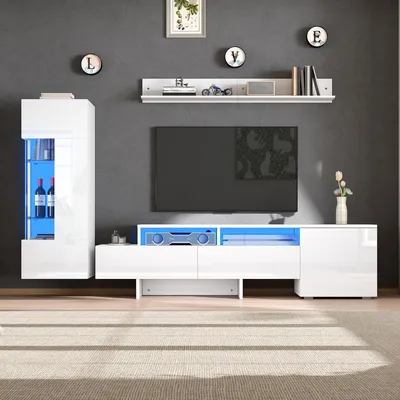 Produktbild von TV Wohnwand Set 3-teilig Weiß Hochglanz mit LED-Beleuchtung, TV-Schrank stehend und hängend, für Fernseher bis 70 Zoll