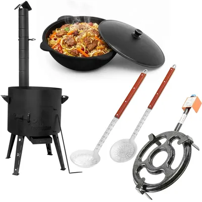 Produktbild von Outdoor Kochset Feuerstelle mit Abzugsrohr Ø44 cm 2 mm Stahl Gusseisen Kasan 16L aus Namangan mit Aluminiumdeckel Gasbrenner Dutch Oven Set Schaumkelle Suppenkelle