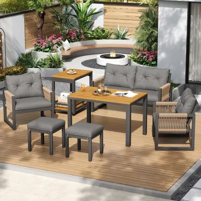 Produktbild von Modernes Garten-Lounge-Set für mehrere Personen, Eisenrahmen, geflochtene Armlehnen, inklusive Kissen, vielseitiger Tisch
