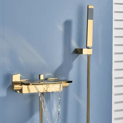 Produktbild von Linuode Badewannenarmatur mit Duschset, Wasserfall, Handbrause, 2 Griffe, Messing, Schwarz, Silber, Weiß, Gold, 1,5m Schlauch, G1/2 Anschluss, Wandhalterung, Keramisches Ventil