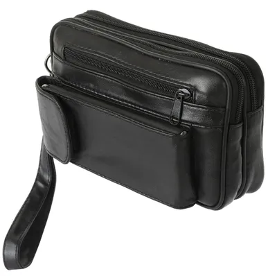 Produktbild von Herren Handgelenktasche Echt Leder Schwarz - Handtasche mit Brillen- und Handyfach - 4 Reißverschlussfächer - Organizer für Reise und Dokumente - Portemonnaie Tasche groß - SOTALA