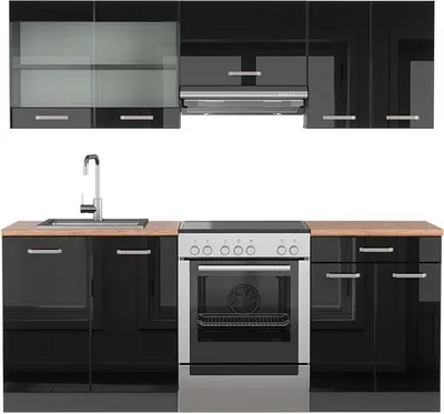 Produktbild von Küchenzeile Vicco R-Line Schwarz Hochglanz/Anthrazit 200 cm , AP Eiche, Model 43180