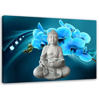 Produktbild von Leinwandbild buddha mit diamantener orchidee 90x60 cm Feeby blau wandbild bereit zum aufhängen