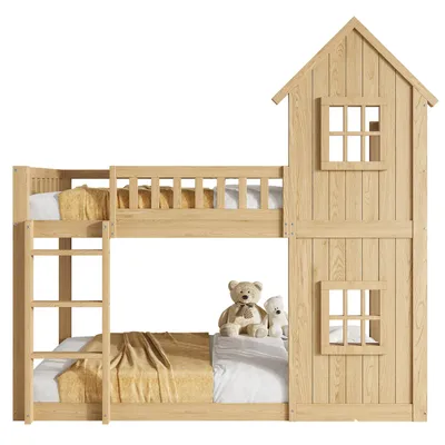 Produktbild von Etagenbett mit Rausfallschutz, Trittleiter und Lattenrost, 90x200 cm, Kinderbett, Kiefer