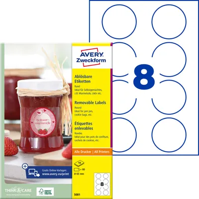 Produktbild von Avery Zweckform 5081, Runde Etiketten, ablösbar, A4, ? 65 mm, 80 Etiketten / 10 Bögen, weiß