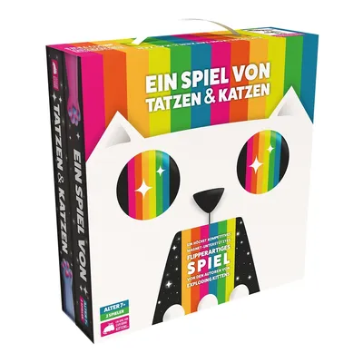 A product box for a board game, featuring a stylized cat face with rainbow-colored eyes and a rainbow stripe down its chest. The box has a handle at the top.