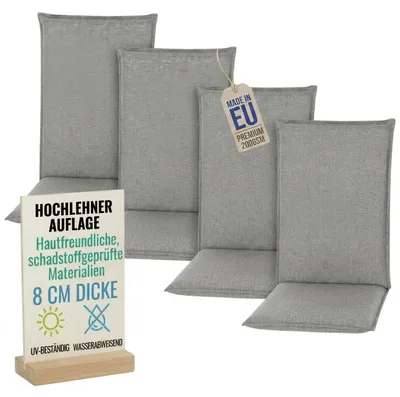 Produktbild von Pillows24 - 4x Hochlehner Auflagen 120x50x8 cm | Bequeme & Wetterfeste Gartenstuhlauflagen | Sitzkissen für Gartenmöbel |  EU | Dunkelgrau