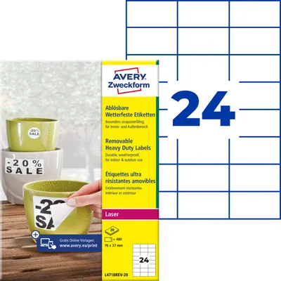 Produktbild von Avery Zweckform L4718REV-20, Wetterfeste Etiketten, ablösbar, A4, 70 x 37 mm, 480 Etiketten / 20 Bögen, weiß