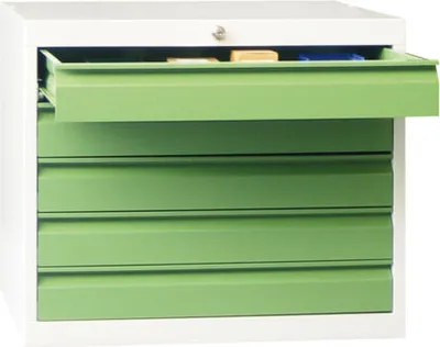 Produktbild von Werkzeug-Schubladenschrank - 600x715x600 mm (HxBxT) - 1 Schubladenreihe - 2x75 mm, 2x100 mm, 1x150 mm - Tragkraft 50 kg - lichtblau/resedagrün
