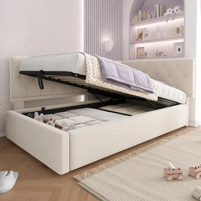 Produktbild von okwish Polsterbett  90x200,Schlafsofa mit hydraulischem Stauraum,Daybett   mit Lattenrost, ohne Matratze,Beige