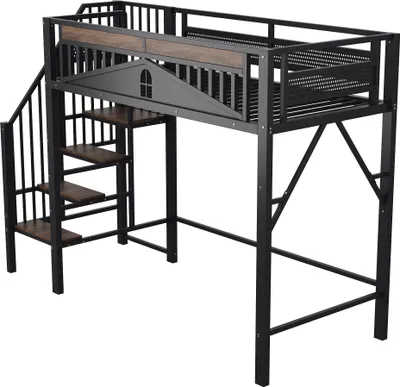 Obrázek produktu pro okwish Patrová postel 90×200 s bezpečnostním zábradlím a oknem, postelový rám s bezpečnostním žebříkem, dětská postel s dostatkem prostoru, černá