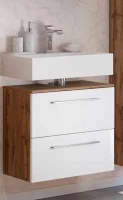 Produktbild von Badezimmer Waschbeckenschrank LOUNY-03 in Wotaneiche Nb. mit matt weiß, B/H/T: ca. 60/54/35 cm