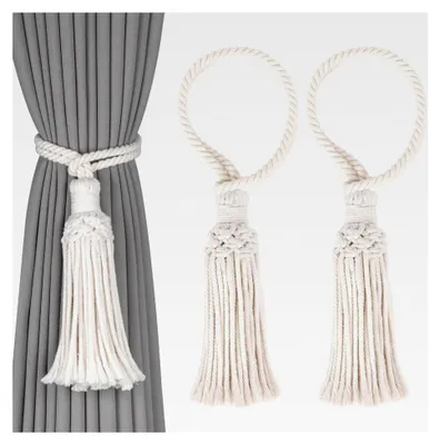 Produktbild von Dekorative Vorhang-Raffhalter im Boho-Stil, handgewebt aus Baumwolle, mit Quaste und Vorhangseil, natürlicher Stil (2, Beige)