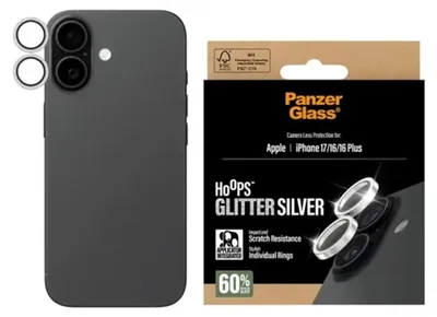 Produktbild von PanzerGlass ® Hoops® Kameraschutz Glitter Silber iPhone 17 | iPhone 16 | 16 Plus, Apple, Apple - iPhone 17, Apple - iPhone 16, Apple - iPhone 16 Plus, Trockene Anwendung, Kratzresistent, Schockresistent, Silber, 1 Stück(e)
