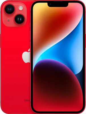 A red iPhone 14 Plus is shown from the front and back.