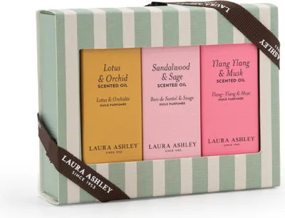 Imagen del producto de Set de aceites perfumados Laura Ashley, colección Lotus & Orchid, Sandalwood & Sage, Ylang Ylang & Musk, 3 unidades de 10 ml cada uno, envasados en vidrio, para ambientar espacios