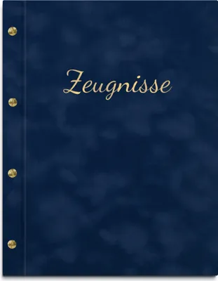 Produktbild von Zeugnismappe in blauem Samteinband mit hochwertiger Beschriftung in gold – handgefertigte Mappe für Zeugnisse inkl. 12 Sichthüllen