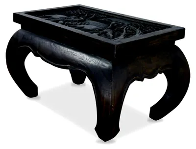 Produktbild von Opiumtisch mit Glasplatte, Beistelltisch, Couchtisch aus Massivholz mit Elefantenschnitzerei (schwarz)