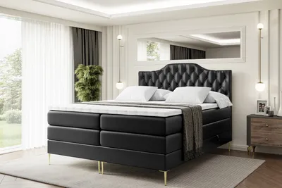 Produktbild von ALTDECOR Boxspringbett mit Gold Füßen, Matratze und Lattenrost, Topper, Polsterbett mit Bettkasten, Bett mit Stauraum H3- und H4- Matratze, Doppelbett -VILA-1-FZ KING-120x200 - Schwarz Kunstleder