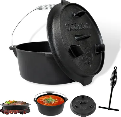 Produktbild von CCLIFE Dutch Oven Set Deckelheber BBQ Gusseisen Feuertopf Gusstopf Schmortopf, 4.2L. ohne Beine