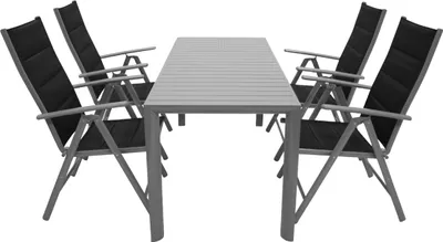 Produktbild von TPFGarden GARTEN-GARNITUR Ashford - 5-teilige Garten-Essgruppe (4x Klappsessel, Aluminium silbergrau + Textilgewebe gepolstert schwarz, 1x Ausziehtisch 117/162x70cm, Aluminium silbergrau)