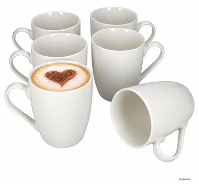 Produktbild von 6x Stabil Kaffeebecher 375ml Weiß Porzellan Tasse Kakao Tee Cappuccino, KI-generiertes Bild