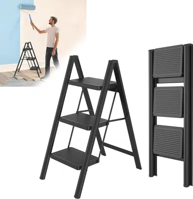 A collage of images showing a man painting a wall with a ladder, a close-up of a black folding step stool, and a folded black step stool.