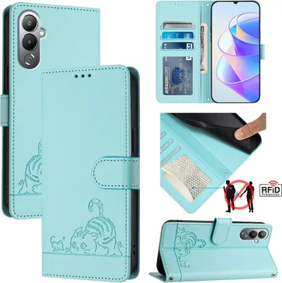 Produktbild von Leder Hülle für Tecno Pova 4 Pro Süße Katze Flip Case Brieftasche Schutzhülle mit Standfunktion hellgrün