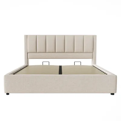 Produktbild von Flieks Hydraulisches Polsterbett 160x200cm mit Becherhalter, Stauraumbett Doppelbett mit USB & Type C, Jugendbett mit Lattenrost, Leinen, Beige