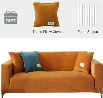 Obrázek produktu pro Sametový potah na pohovku 4 Seater- Soft Stretch Couch Cover Anti Slip Sofa Cover Plush Sofa Slipcovers with 1 Cushion Cover for Living Room, Orange, 4 Seater