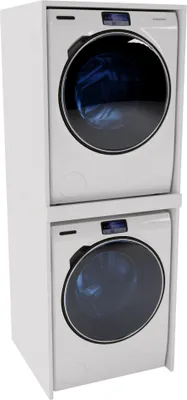 A white washing machine cabinet with two washing machines stacked inside.
