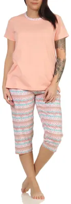 Produktbild von Damen kurzarm Schlafanzug Pyjama mit Capri Hose im Ethnolook - 66627 ; apricot , 44