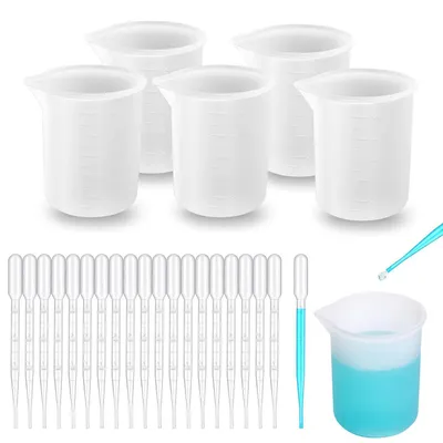 Obrázok produktu pre Sada silikónových odmerných pohárov, 5 kusov, objem 100 ml, s odmerovacími pipetami, určená na živice a epoxidové смолы