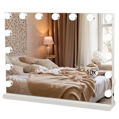 Obrázek produktu pro Kosmetické zrcadlo Puluomis Hollywood, 15 LED diod, 58x45 cm, 3 barvy, stmívatelné, zrcadlo s osvětlením pro líčení, USB, Type-C, 10x zvětšení, nástěnné zrcadlo, bílá barva