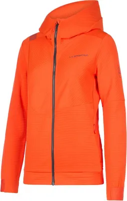 La Sportiva Mood Hoody W in leuchtendem Orange; Damen Midlayer Jacke mit Kapuze und Reißverschluss.