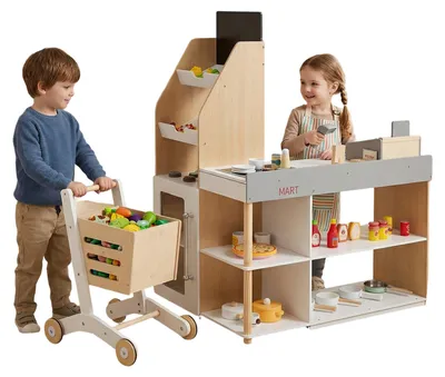 Obrázok produktu pre COSTWAY, detský obchodík, vhodný pre deti od 3 rokov, drevený obchodík, supermarket s tabuľou, pokladňa, skener, čítačka kariet, kreditná karta a mince