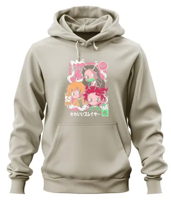 Imagen del producto de Kimetsu no Yaiba: Sudadera con capucha uni, diseño "chibi" de Tanjiro, Nezuko y Zenitsu, color natural, talla S