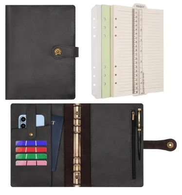 Produktbild von Ringbuch Notizbuch A5 Nachfüllbar Leder Organizer Binder mit Zubehör Schwarz