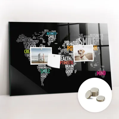 Imagen del producto de Pizarra magnética de pared, con superficie de vidrio y diseño curvo. Incluye 5 imanes. Dimensiones: 60x40 cm. Diseño: mapa del mundo con relieve