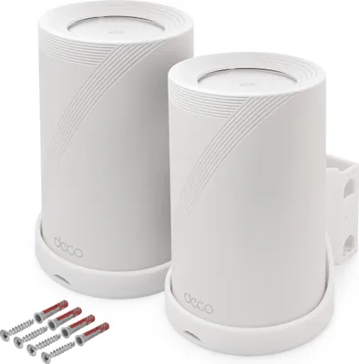 Produktbild von Wandhalterung passend für TP-Link Deco BE65 Wi-Fi 7 Mesh WLAN BE9300 2 Stück | Robuste Halterung mit Kabelmanagement & Luftzirkulation | Wandmontage-Set inklusive Dübel & Schrauben