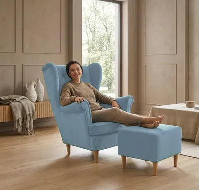 Produktbild von Ohrensessel mit Hocker DIANA Monolit – skandinavisches Set, Velours Blau, Family Meble