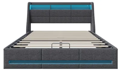 Produktbild von Polsterbett - Doppelbett 160×200 cm - Hydraulischer Stauraum - LED-Kopfteil - USB-Anschluss - Lattenrost - Grau